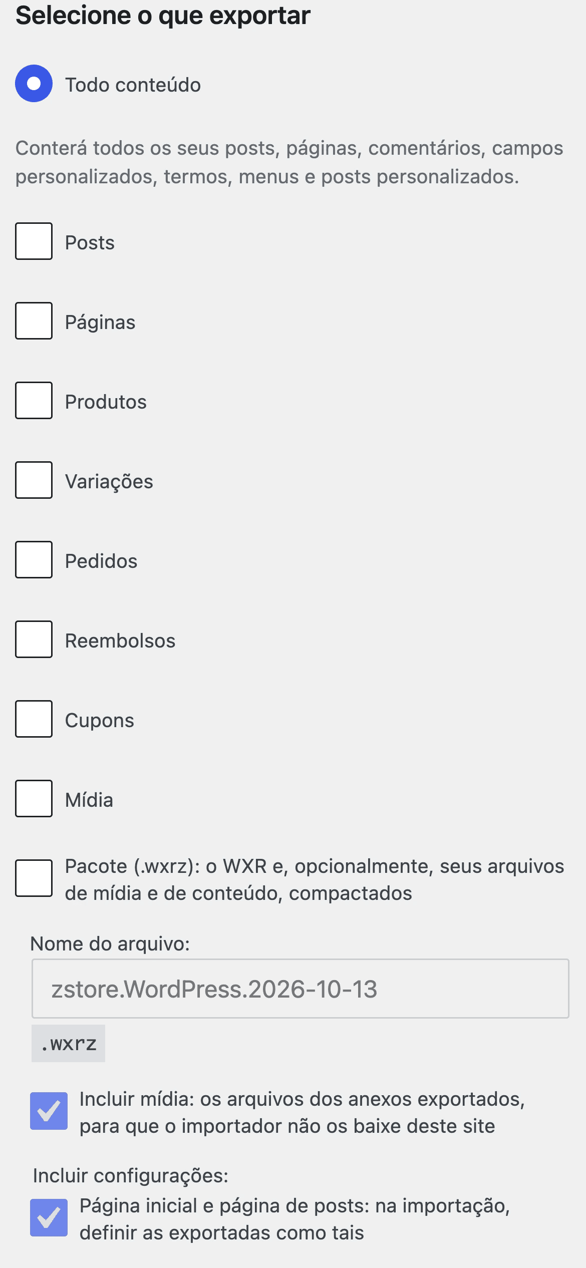 A tela Exportar clássica num celular, com linhas de 40px.