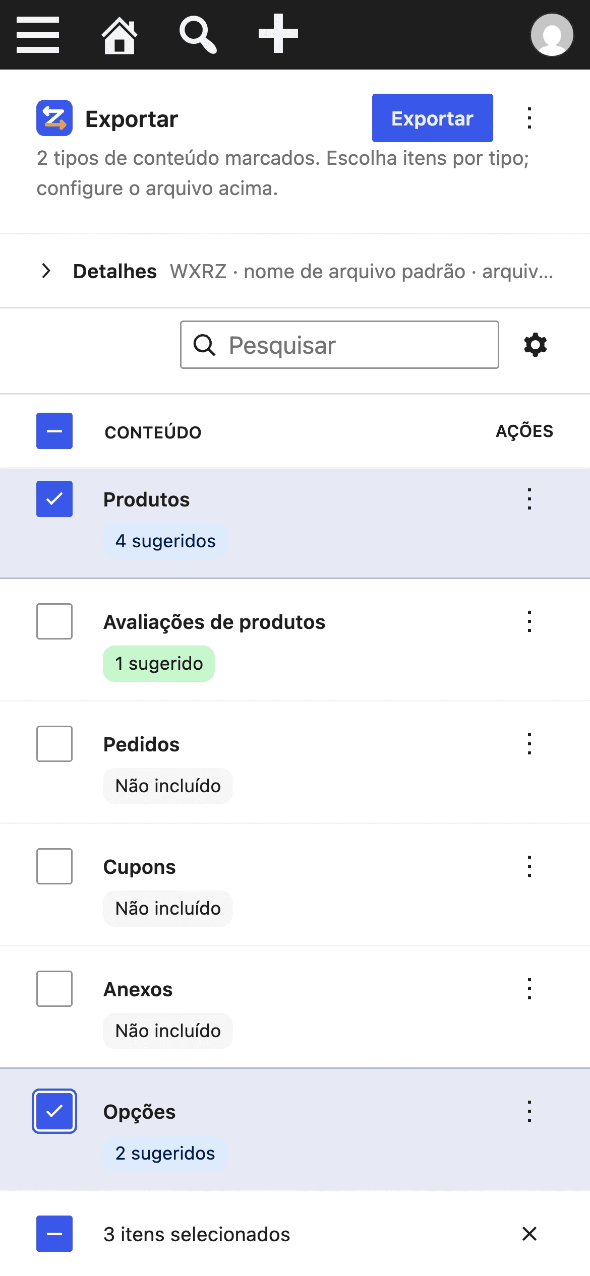 A nova tela Exportar num celular.