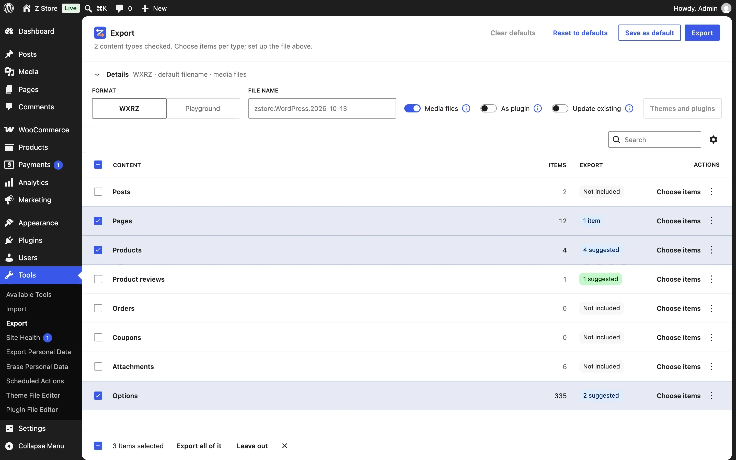 The Export screen with Pages (1 item), and Products and Options bringing what the homepage suggests.