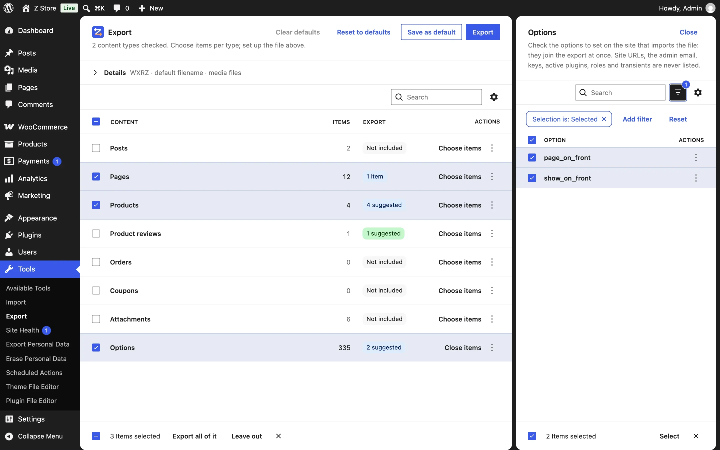 The Options panel on Selected: the settings the homepage brings.