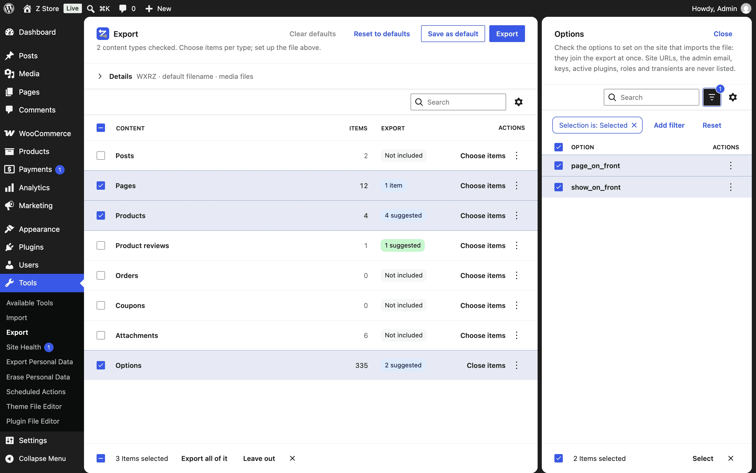 The Options side panel showing the settings the homepage brings: page_on_front and show_on_front, checked.