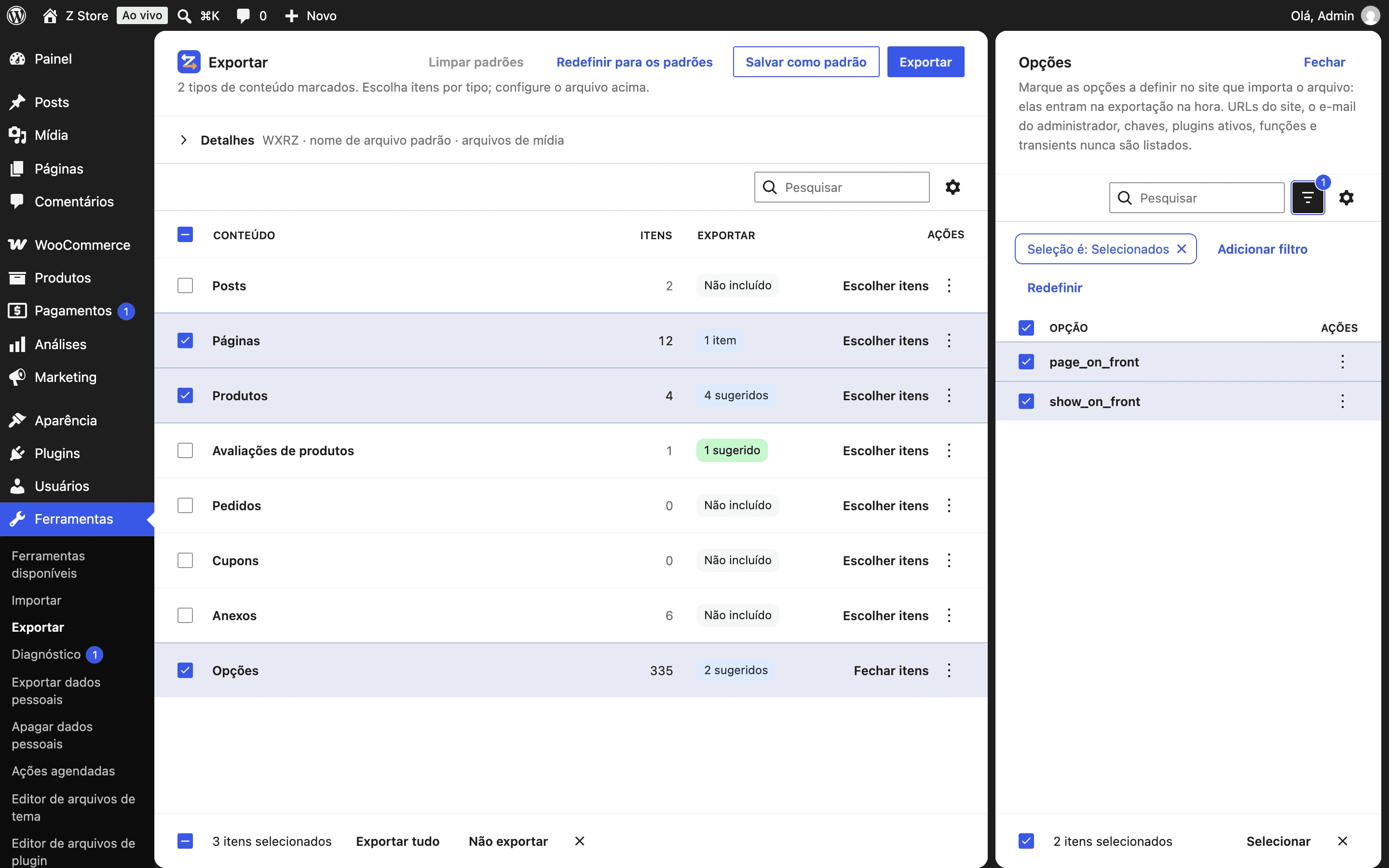 O painel lateral de Opções com as configurações que a página inicial traz: page_on_front e show_on_front, marcadas.