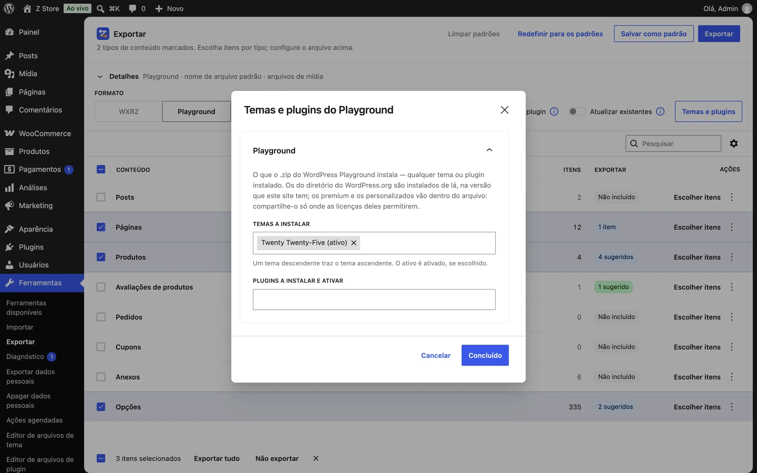 Temas e plugins do Playground: o que o .zip instala.