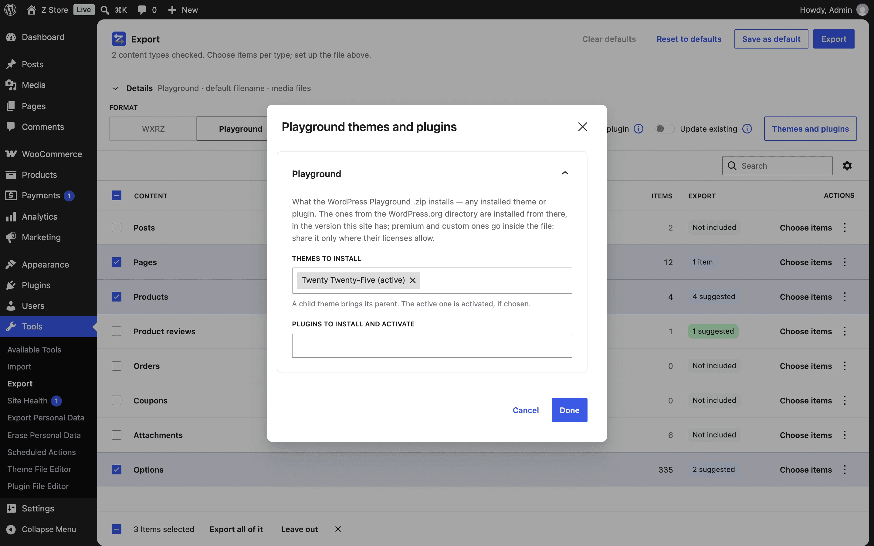 The Playground themes and plugins modal: Twenty Twenty-Five chosen to install.