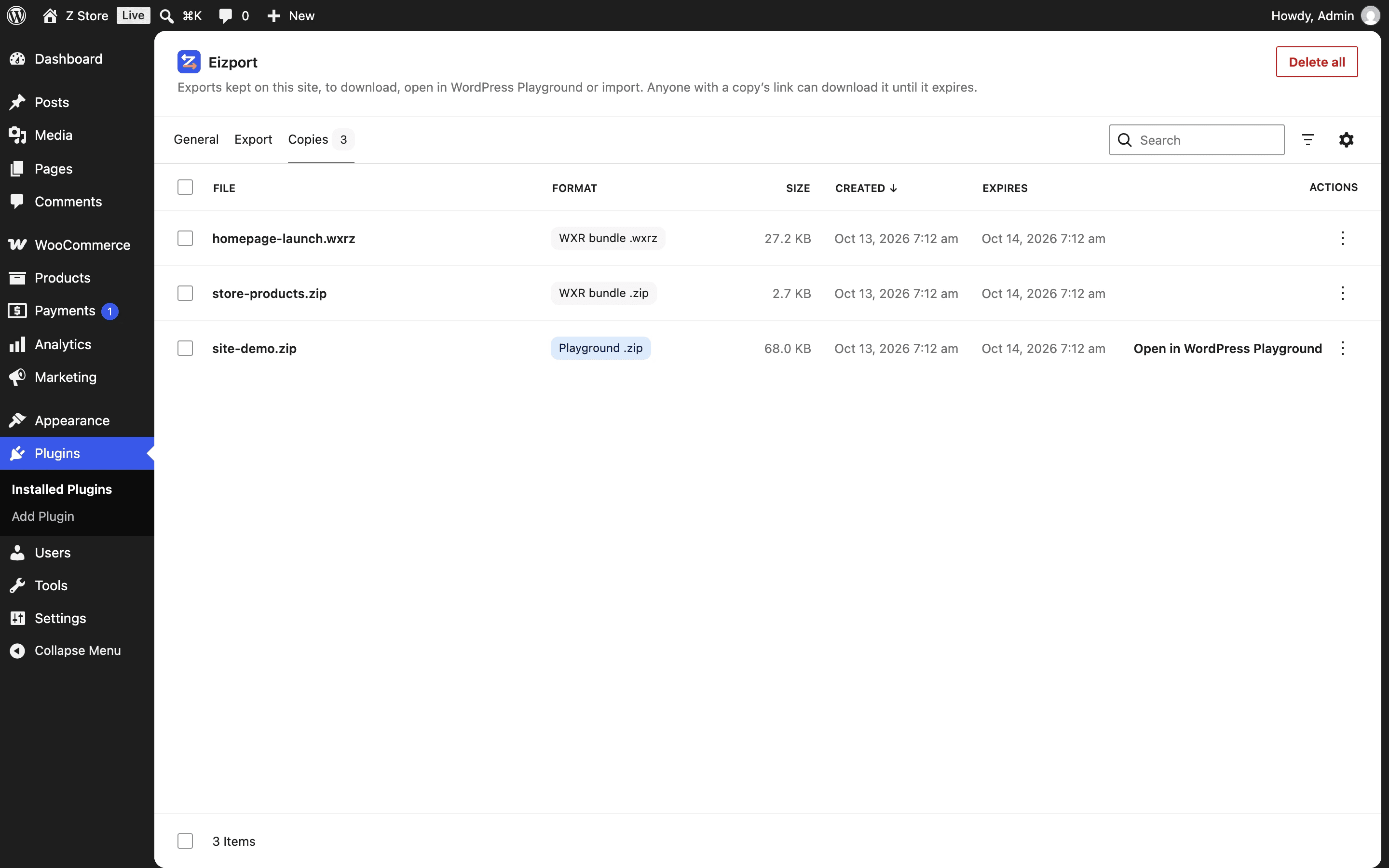 The plugin’s Settings → Copies: a .wxrz bundle, a .zip bundle and a Playground .zip with sizes and expiry dates.