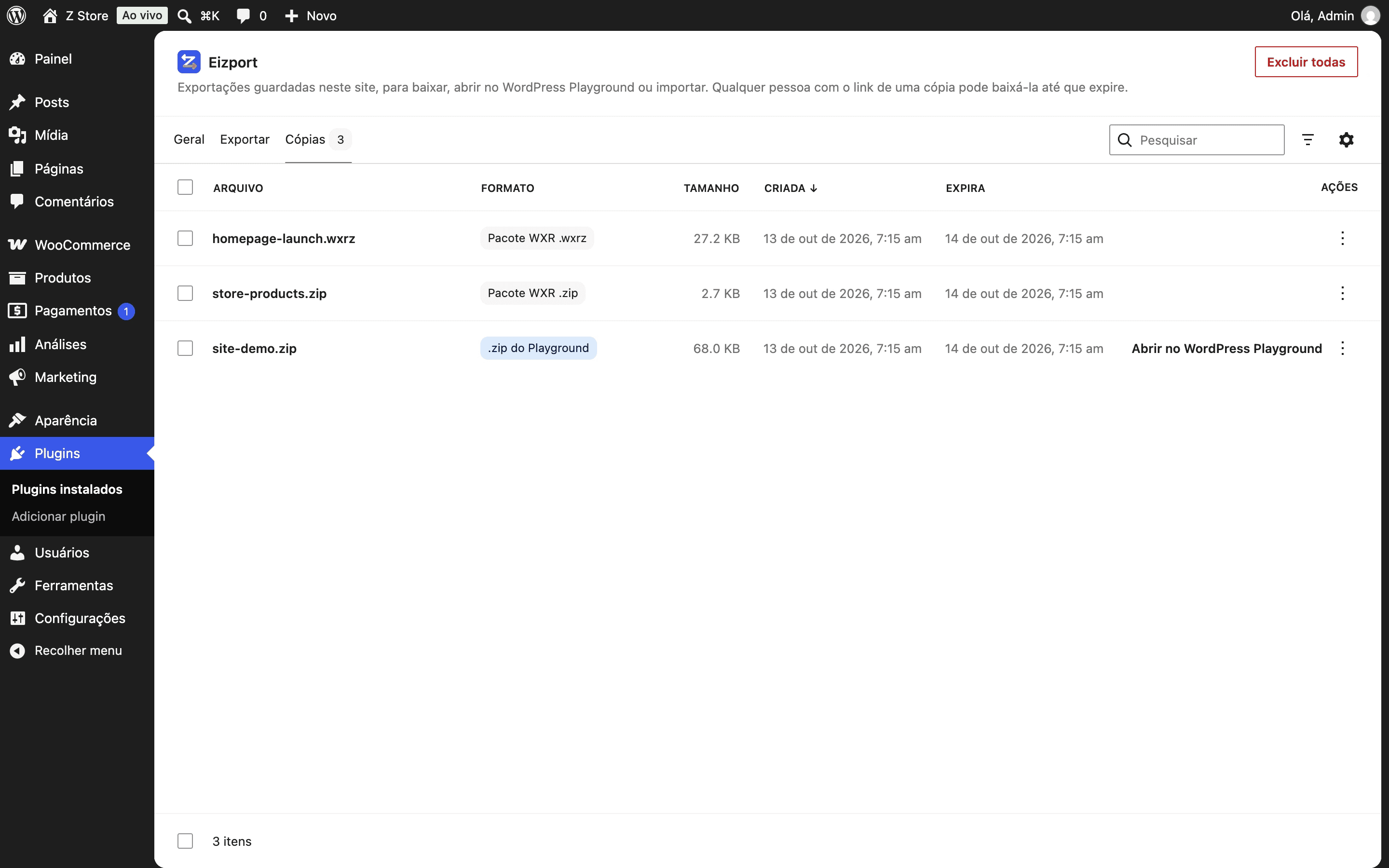 Configurações do plugin → Cópias: um pacote .wxrz, um pacote .zip e um .zip do Playground, com tamanhos e datas de validade.
