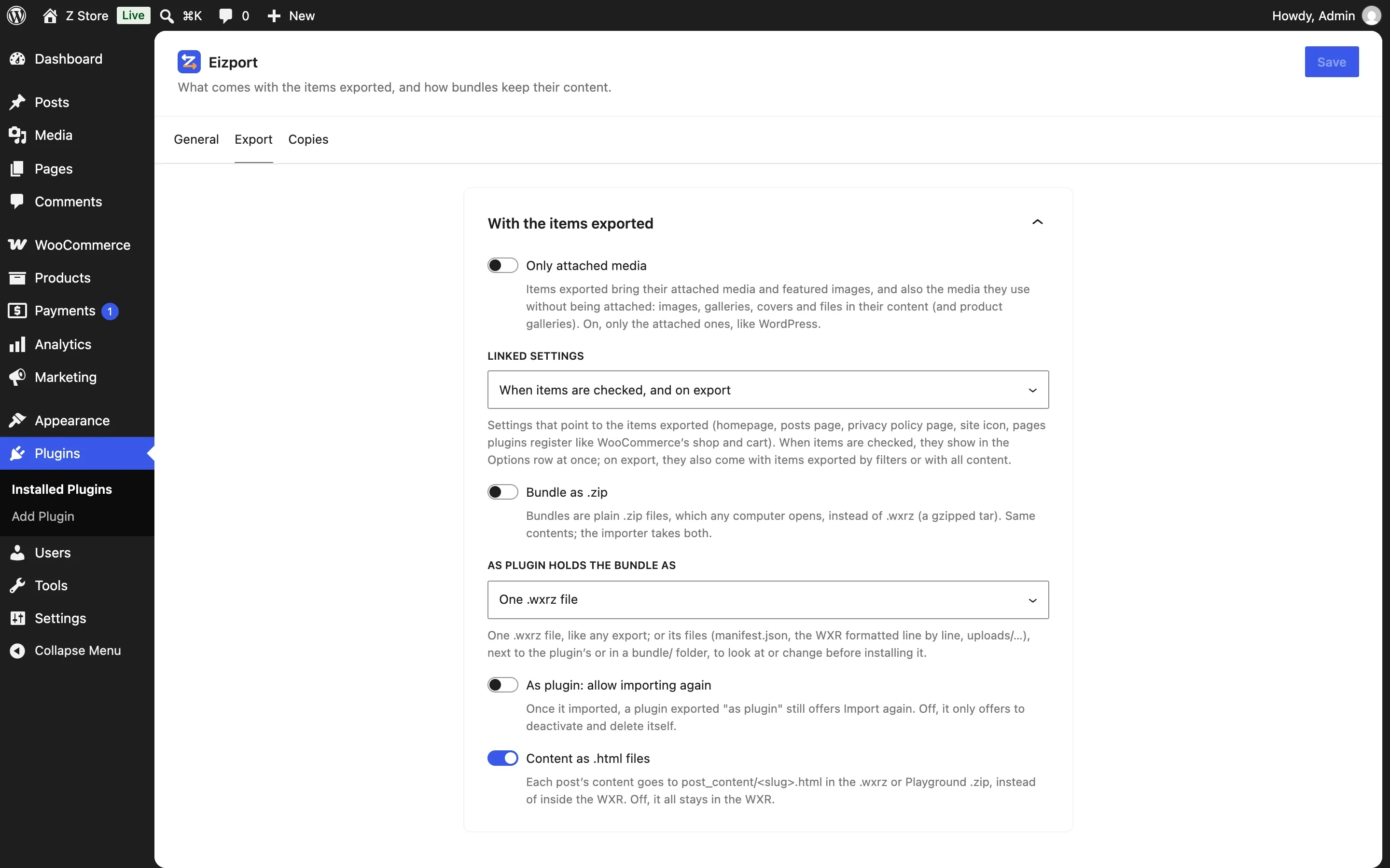 The plugin’s Settings → Export.