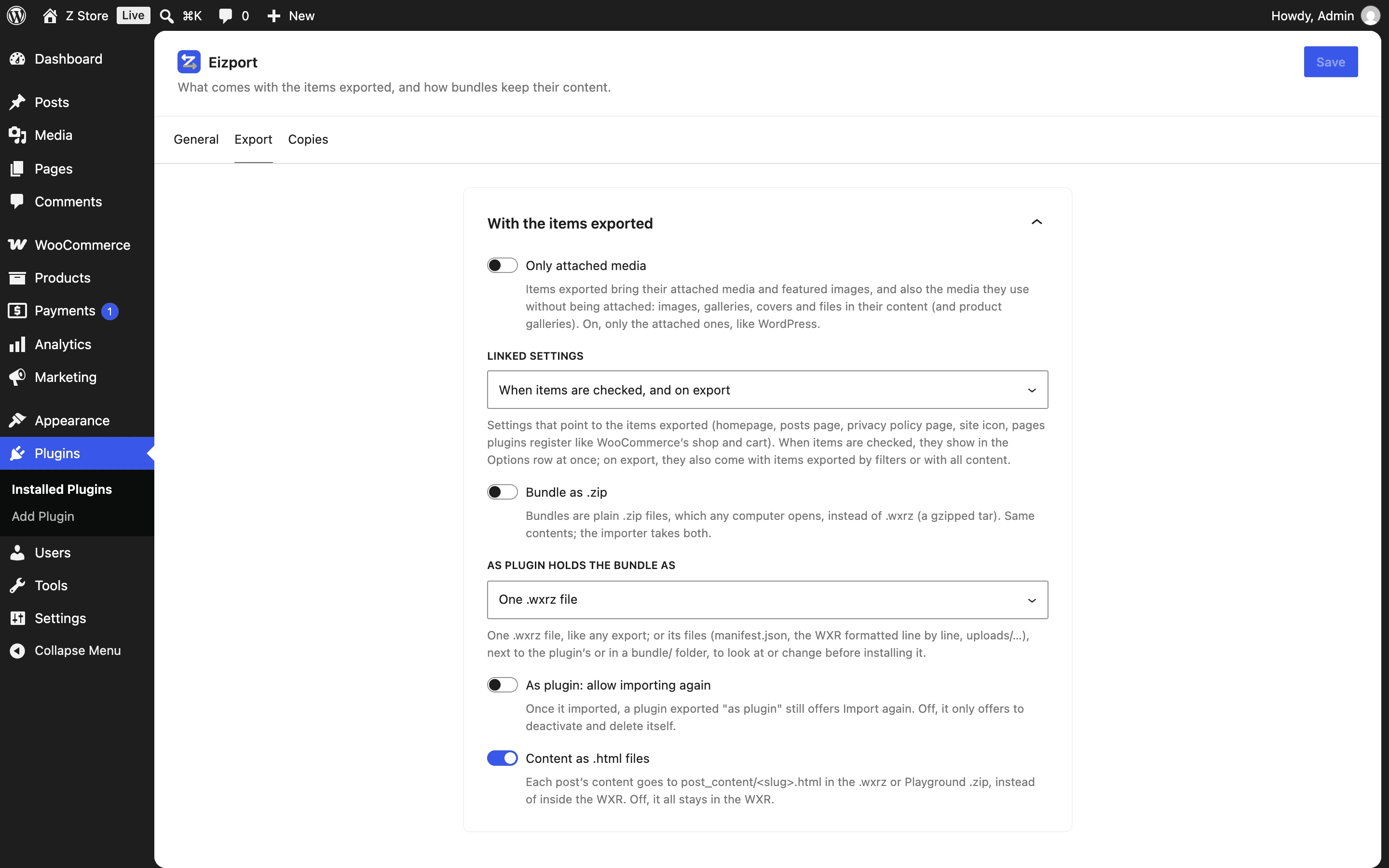 The plugin’s Settings → Export: Only attached media, Linked settings, Bundle as .zip and Content as .html files.