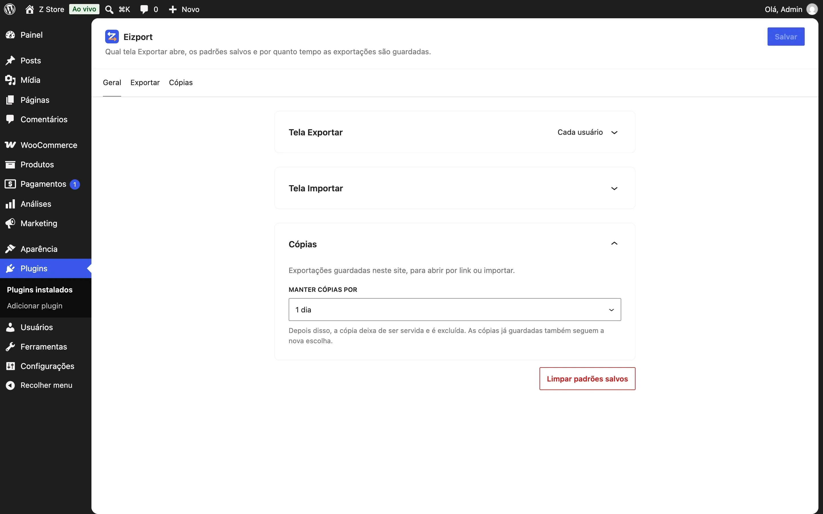 Configurações do plugin → Geral.